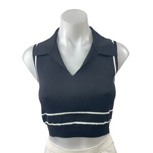 Oak + Fort Black Striped Rib Knit V Neck Collared Sleeveless Crop Tank Top Sz S